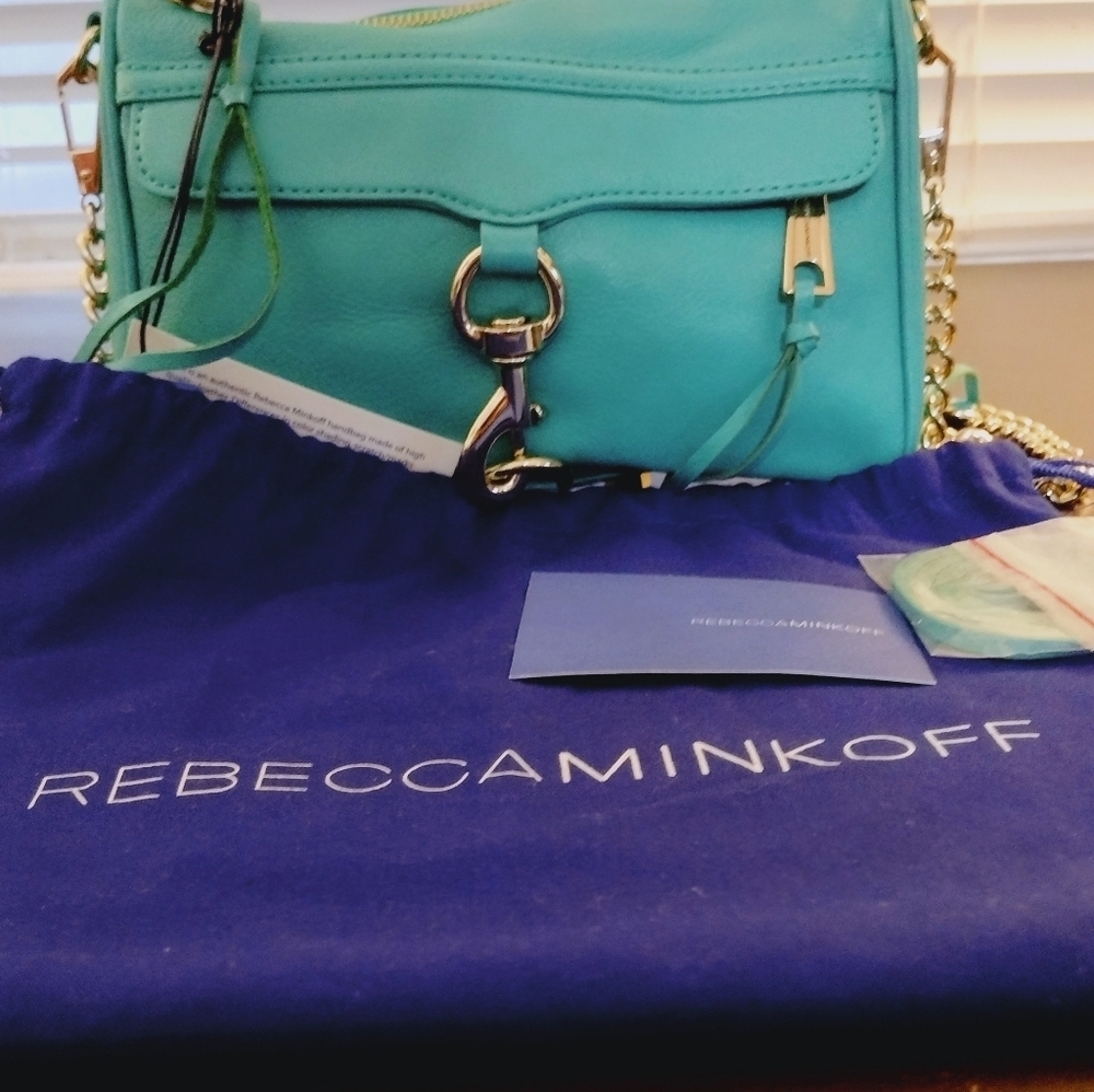 Rebecca Minkoff Mini MAC Aqua Teal Leather Crossbody Bag Chain Strap Tassel Bag - Picture 15 of 17